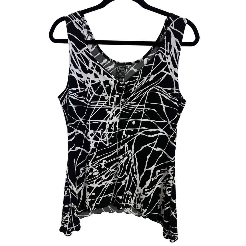 Suzie in the City Black White Abstract Sleeveless Top M Asymmetrical Splatter